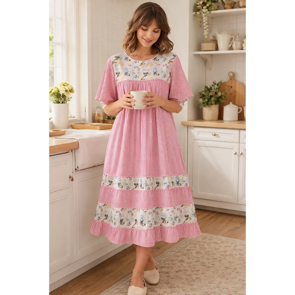 National‎ Pink Striped Cotton House Dress Muumuu Spring Novelty Print 2X Easter